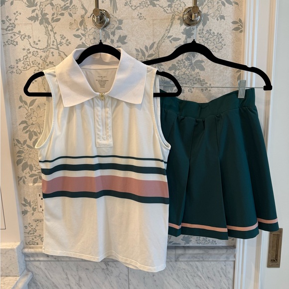 Varley Dresses & Skirts - Varley Tennis Set Sleeveless Zip Polo Top & Pleated Skort White Green Pink S/M